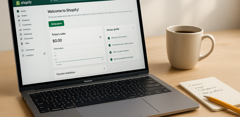 Laptop aperto su Shopify con appunti e caffè: atmosfera da lavoro creativo e fai-da-te.
