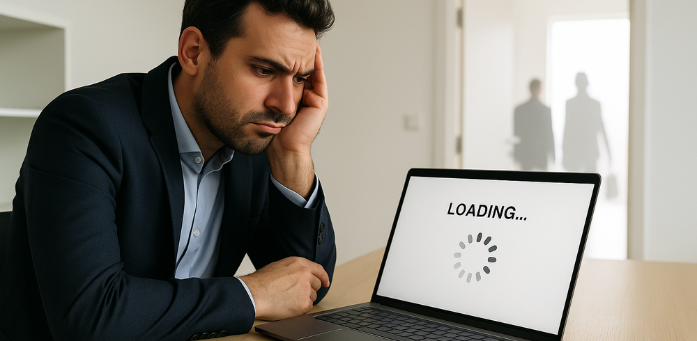 Persona d'affari italiana davanti a laptop con sito lento e clienti che si allontanano.