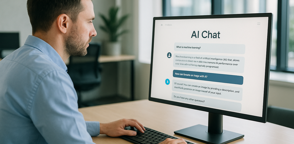 Cliente seduto alla scrivania che conversa con un chatbot AI sul monitor, atmosfera moderna e professionale.