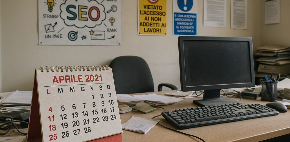 Ufficio italiano, computer spento e calendario vecchio, atmosfera trascurata ma ironica, adatto come copertina per sito web su aggiornamenti digitali.