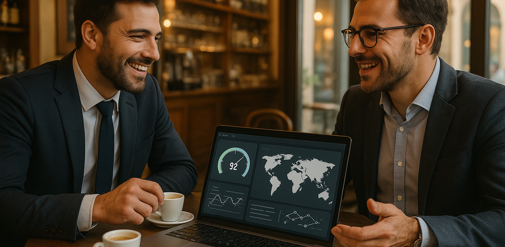 Due imprenditori davanti a un caffè discutono di performance web, con un laptop che mostra grafiche su cache, CDN e DNS.