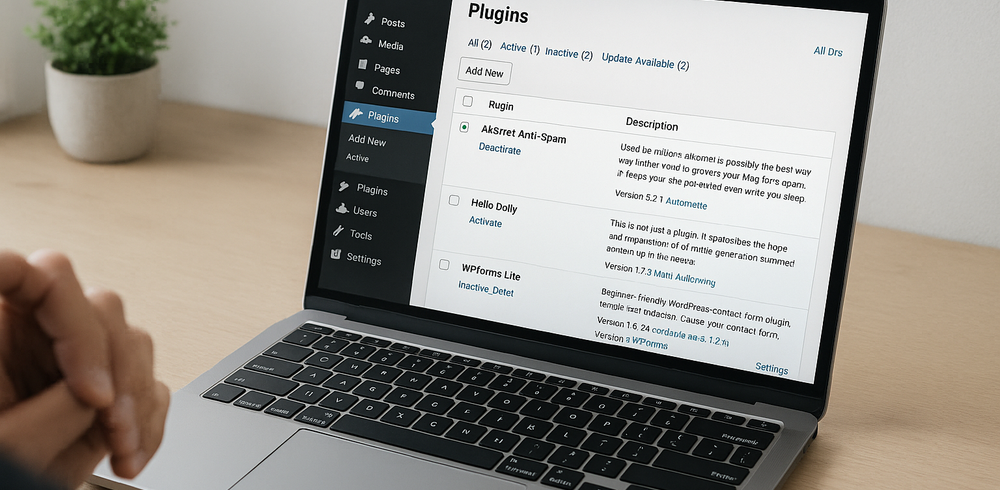 Dashboard WordPress aperta con pochi plugin attivi, mani che riflettono sulla gestione dei plugin.