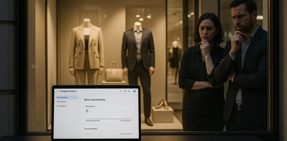 Vetrina di negozio moderna e vuota, web agency e imprenditore osservano un laptop con analisi a zero conversioni.