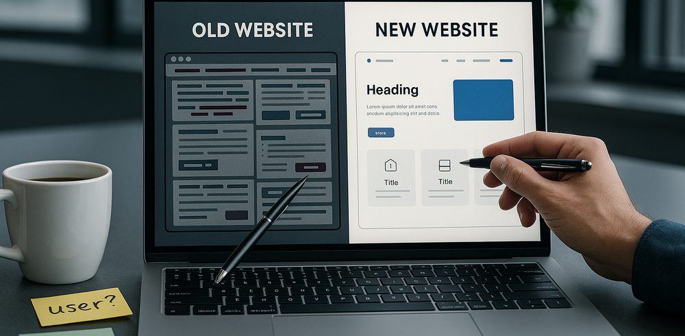 Due versioni di un sito web mostrate su un laptop: una confusa e una moderna, con post-it e mano che indica correzioni.