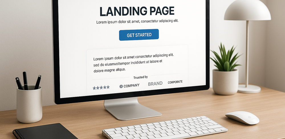 Mockup fotorealistico di una landing page professionale su monitor di design moderno, con CTA evidenti e sezione recensioni/loghi.