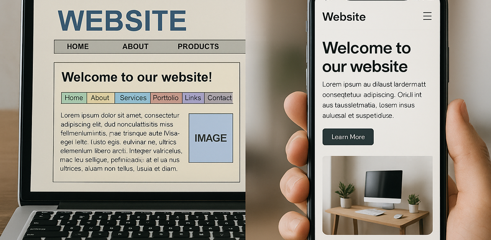 Confronto visivo tra vecchio sito web obsoleto e nuovo sito moderno dopo restyling, visualizzati su laptop e smartphone.