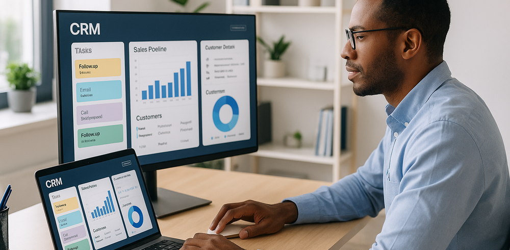 Imprenditore di una PMI utilizza una dashboard CRM digitale su laptop e monitor, archiviando post-it e monitorando dati clienti.