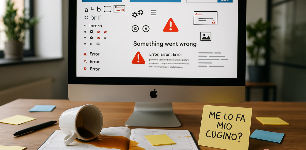 Scrivania moderna con schermo che mostra sito web malfunzionante e biglietto 'Me lo fa mio cugino?', caff&egrave; rovesciato, ambiente luminoso.