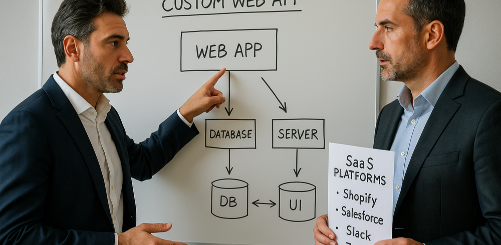 Due professionisti davanti a una lavagna confrontano vantaggi di una web app personalizzata e una soluzione standard gi&agrave; pronta.