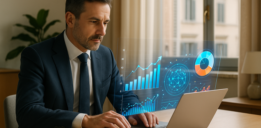 Manager italiano davanti a computer con grafici e visual AI generativi, ambiente ufficio modern ed elegante.