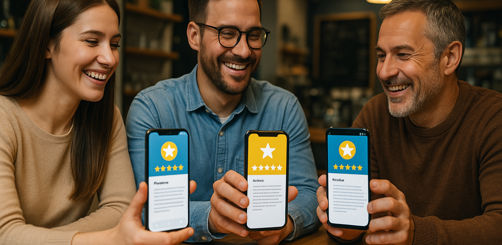 Clienti sorridenti in un locale mentre consultano le recensioni su smartphone, atmosfera moderna e accogliente.